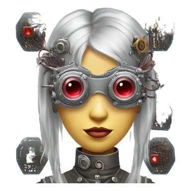 Silver long hair female cyborg head with red steampunk goggles and circuits sticker