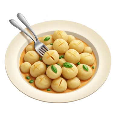 Gnocchi Cinematic Realistic Gnocchi Dish Emoji, depicted as tender potato dumplings garnished with iconic fork marks on top, rendered with soft textures and warm, inviting lighting. sticker