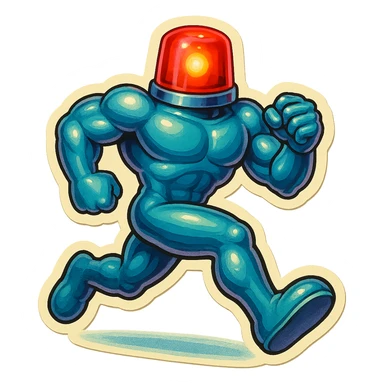 shiny muscular robot with a red police light head, running forward sticker