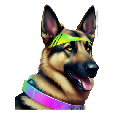 .Zombie_ Vaporwave black holographic oilslick zombie German shepherd dog yellow caution tape graffiti neon yellow stripes sticker