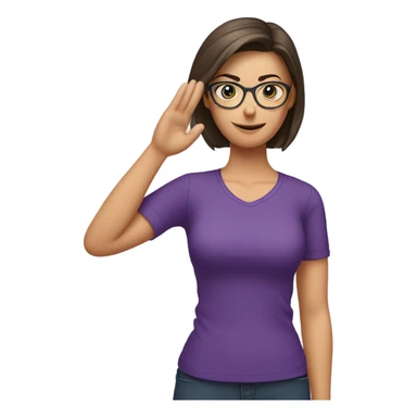 a caucasian brunette female, wearing a purple t-shirt and glasses, making the military salute gesture with one hand next to her head and the other one on her waist sticker