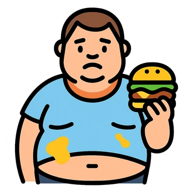 fat man with a shirt that doesn't fit him and has grease stains, holding a burger sticker