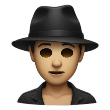 young age man wearing half skull mask (covering face) with a black fedora hat sticker