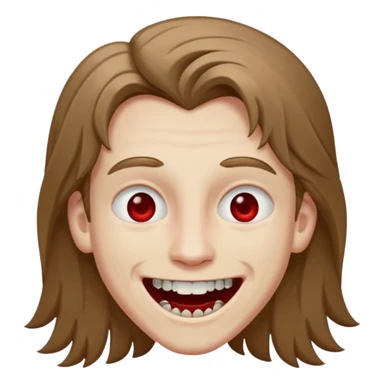 парень с русыми длинными волосами; бледная сероватая кожа; белые глаза; открытая улыбка, где на зубах кровь;  sticker