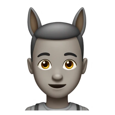 boy with buzzcut, with gray donkey ears, brown eyes, cross-eyed, wearing collar sticker