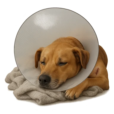 dog wearing a medical cone (Elizabethan collar), with a small stitched area, resting on a blanket, post-surgery vibe sticker