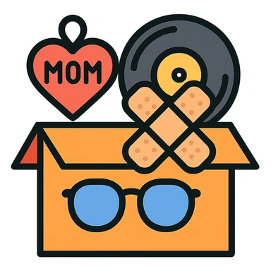 An open box containing a protective amulet from mom, a vinyl record from a friend, bandages, and glasses sticker