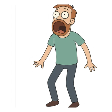 Create a full body surprised man with his mouth wide open in the same cartoon style as the reference image, maintaining a transparent background. sticker