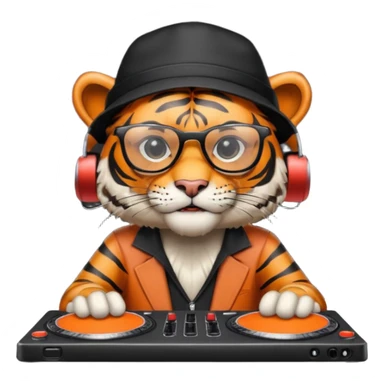 Un tigre enfadado con una mesa de dj . Lo quiero más profesional con unos audífonos y cara de astuto . Mejor con un sobrero y sin audífonos y con unas gafas  sticker
