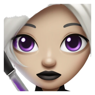 Light Brown goth girl with white ombre hair and purple eyes wearing a black mesh shirt holding a knife sticker