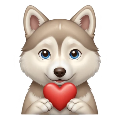 Beige husky with blue eyes holding a brown heart sticker