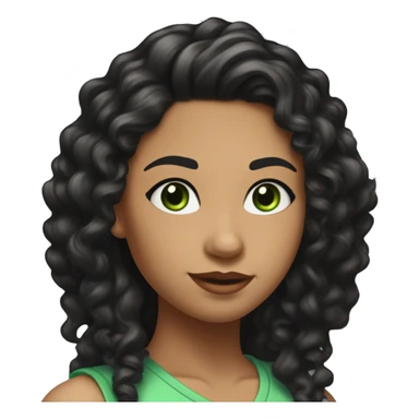 long curly black hair, full body head to toe, eyes with a hint of green, eyes positive  canthal tilt ,medium thick eyebrows , and thin lips, round face shape, soft jawline, full body, teen, sensual, american, woman, well defined feminine body sticker