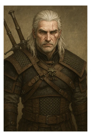 Geralt of Rivia, white hair, scarred face, fantasy armor, stoic expression, detailed illustration style sticker