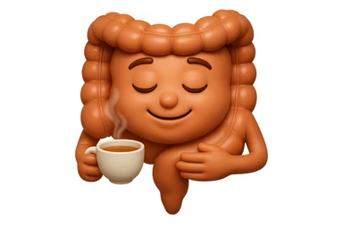 emoji stile iphone 3d di intestino umano sereno che si tocca la pancia mentre sorseggia un thè alle erbe, iperrealistico 4k sticker