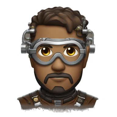 Brown short hair make cyborg head with silver steampunk goggles, brown beard and circuits sticker