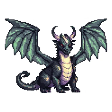 black dragon, big wings, two medium horns, pixel art style sticker