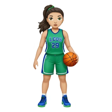 full body plus size light skin latino women basketball player with wavy dark hair in pony tail wide nose wearing blue green  uniform sticker