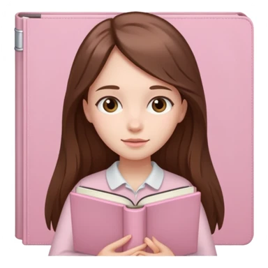 girl with fair skin and long brown hair holding a closed pale pink book sticker