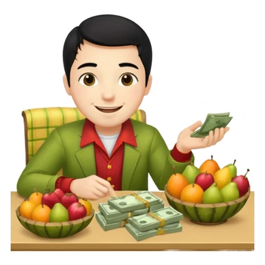 hombre piel clara pelo negro con ropa de frutero sentado en una mesa contando mucho dinero sticker