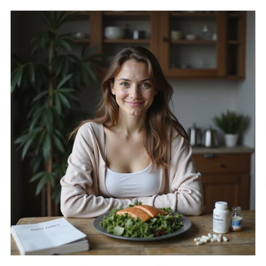 young woman with PCOS, mild acne, chin hair, thin hair, slight abdominal overweight, sitting at a table with a healthy plate of salad and salmon, diary with text 'meno zuccheri', supplements and Metformin on the table, serene expression, home environment, vertical 9:16, hyperrealism 4K sticker