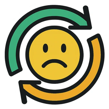 turnover arrows forming a circle with a frowning face in the center, professional style, green gold and white color scheme, bold and clear, suitable for digital use, no background sticker