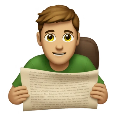a light-skinned green-eyed man with brown hair sitting in front of the paper scroll  sticker