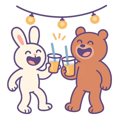 full-body bunny and bear with laughing faces clinking juice cups under string lights, pastel-toon style sticker