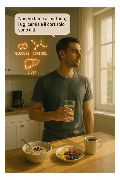 A realistic, cinematic illustration of a man in his early 30s with a lean, healthy build, standing calmly in a bright, minimal kitchen in the early morning. On the kitchen table, there is a prepared but untouched healthy breakfast (oatmeal, fruit, coffee). The man, with a neutral and focused expression, holds a glass of water while looking out of the window where morning sunlight enters. Above him, subtle glowing medical icons display: a glucose molecule, a cortisol hormone symbol, and a liver icon, indicating high morning blood sugar and cortisol levels. A small speech bubble or text overlay says: ‘Non ho fame al mattino, la glicemia e il cortisolo sono alti.’ The scene conveys a sense of calm, clarity, and body awareness, showing that the man consciously avoids breakfast due to physiological signals rather than restrizione. The style is realistic, warm, with a slight film grain, emphasizing health and conscious self-regulation. sticker
