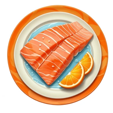 create a Slice of Salmon

Camera angle: slightly elevated top-down view with a gentle bird’s-eye perspective (about 15–20°), identical perspective and scaled do not add anything  on plate only the slice of salmon  sticker