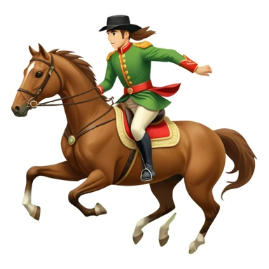 An icon showcasing a blue sky, distant mountains and a vibrant landscape. a majestic horse and rider in full gallop across a lush green field. The rider wears traditional gear, while the horse leaps with grace and power.  sticker