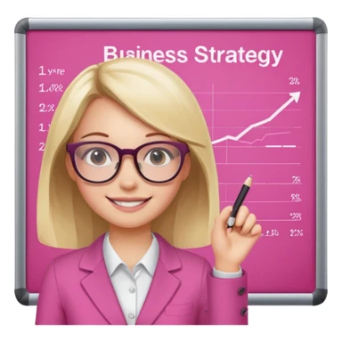 pink board with a girl writing on it and on the board there are graphs and a title "Business Strategy" sticker