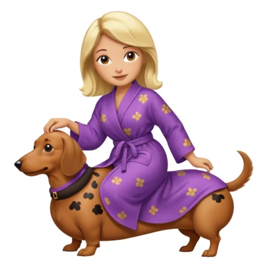 A blonde curvy woman riding on top of a dachshund wearing a robe sticker