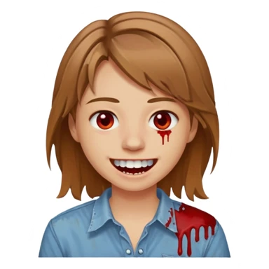 парень с русыми волосами средней длины; белая кожа; белые глаза; открытая улыбка, окровавленные зубы; sticker