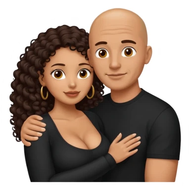 A picture of an embracing tanned couple. the man is a Mexican man with tanned skin, with a bald hair cut, and wearing a black shirt. the woman is mixed, with glasses,  with long curly dark brown hair and with big boobs. Remove the glasses from the guy sticker