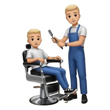 Barber cutting boys hair. Show the boy sat in black barber chair and both having smiles on their faces sticker