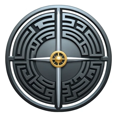 A vertical sword in the center of a circular maze, inside of which is embedded a thin astrolabe. The lines are strict, geometric, and symmetrical. The material is a dark metal (antimonium). The style is a minimalistic alchemical sign. sticker