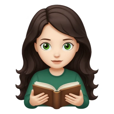 Long wavy dark brown haired, white skinned, dark green eyed girl reading a book sticker