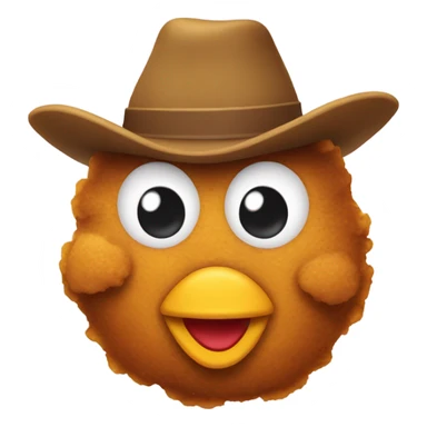 A chicken nugget with a face and a cow boy hat sticker