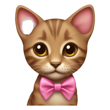 Little brown kitten with a pink ribbon around its neck, with big brown eyes and pink toungue sticker