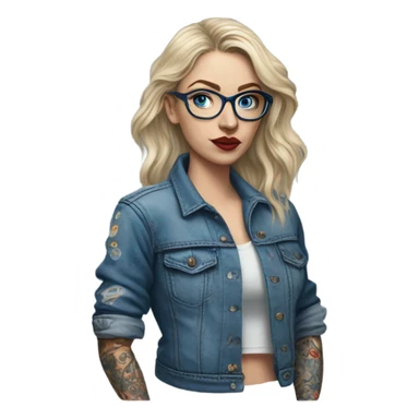 Hyper Realistic pale beautiful tattooed woman with glasses and blue eyes wearing denim jacket sticker