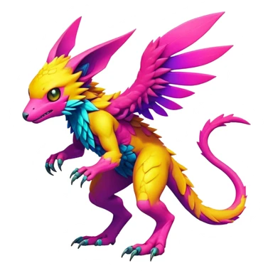 Tropical lush warm-colored modern colorful neon-colored cyber-Fakémon-Digimon-Trico-Vernid-creature sticker