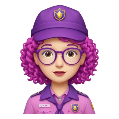 scout girl with very pink scout uniform including hat, purple curly haired and glassess sticker