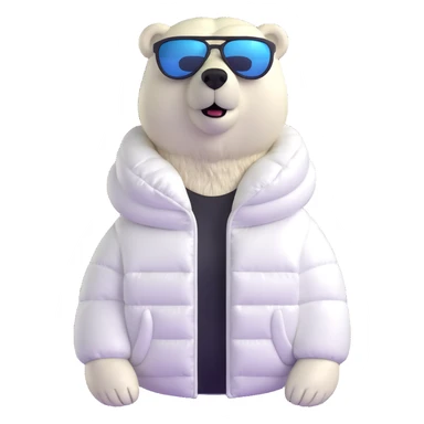 polar bear wearing a white puffer jacket and sunglasses sticker
