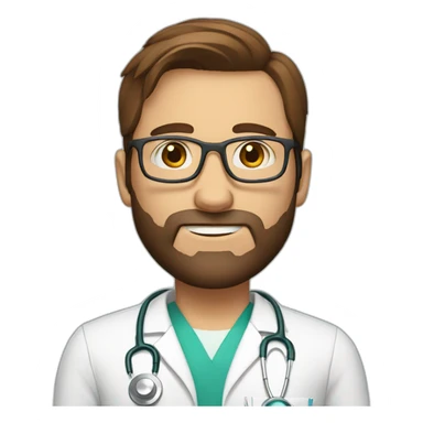 white doctor with short brown hair, big forehead, glasses and beard sticker