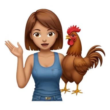 Kneeling Brown hair very large boob Woman open mouth tank top, wearing jeans touching one rooster sticker