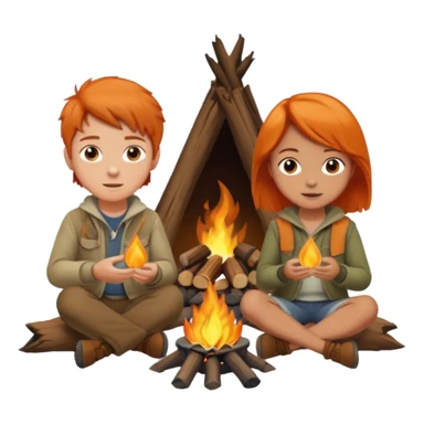 A boy with brown hair and a orange haired girl sitting at a campfire sticker