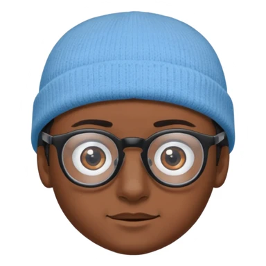 A boy or man emoji with medium-dark skin, wearing a light blue beanie and black-framed glasses, with brown eyes, dark eyebrows, a small nose, and a subtle smile on a clean-shaven face. sticker