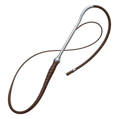 A whip mid-strike, curving dynamically through the air with motion lines to emphasize movement. The handle is detailed yet simple, with a leather-wrapped grip and a slightly glossy finish. The whip itself is long, flexible, and tapering, with a smooth, dark texture and subtle shading. sticker