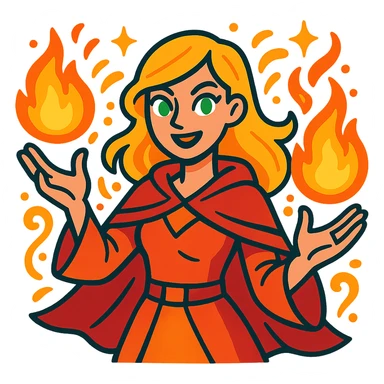 blonde woman with green eyes holding fireballs in her hands, surrounded by magical effects, vibrant toon style sticker
