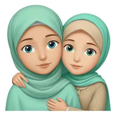 Turkish beautiful finish Konya girl blue eyes mint green beige hijab islamic dress and hugs with big boy brother  sticker